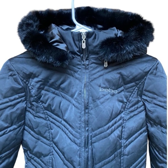 Bebe Black Rabbit Fur Trim with Blended Down Feather Jacket I Size: S - Picture 5 of 12